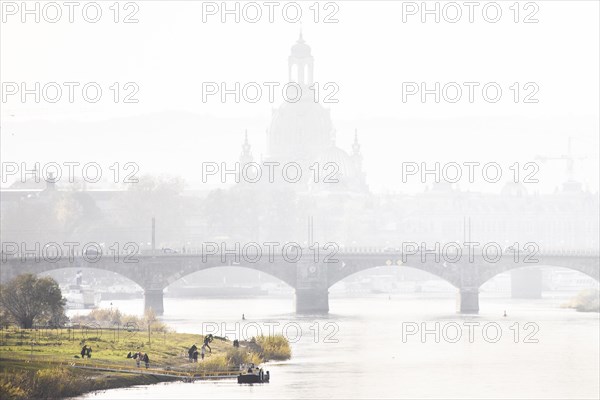 People on the Elbe meadows against the backdrop of Dresden's old town