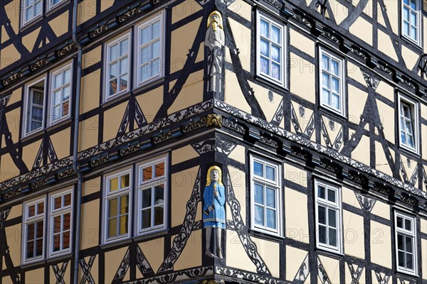 Detail of magnificent half-timbered house with ornate wood carving