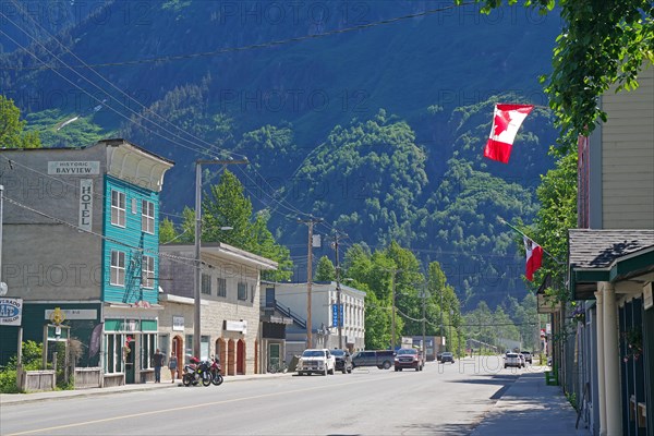 Old wooden houses from the pioneer era in the main street of the village of Stewart