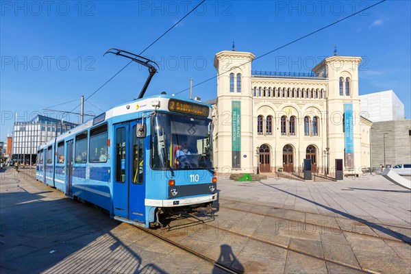 Tram Tram public transport in front of the Nobel Peace Prize building in Oslo