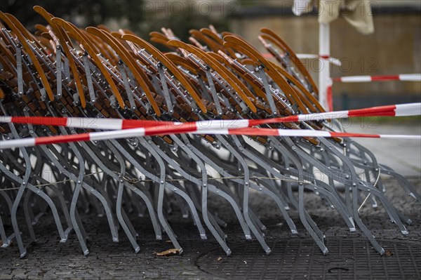 Assembled furniture for catering stands cordoned off at the Gendarmenmarkt in Berlin