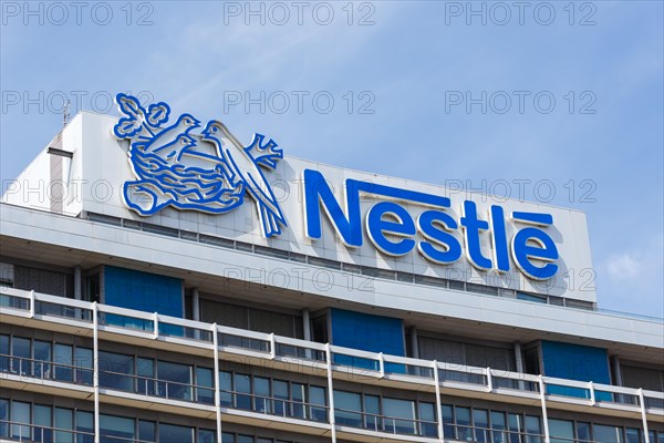 German headquarters of the food company Nestle with logo in Frankfurt-Niederrad