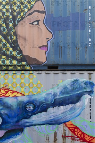 Woman with colourful headscarf and sperm whale