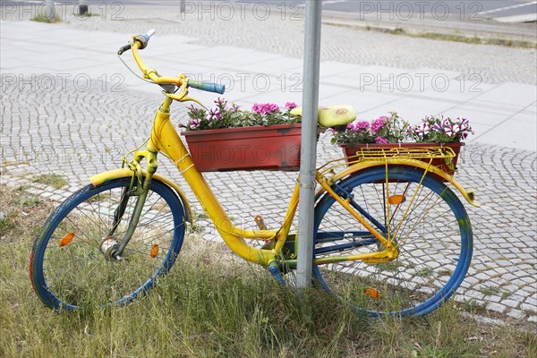 Colourful bicycle decorated with flowers and flower boxes