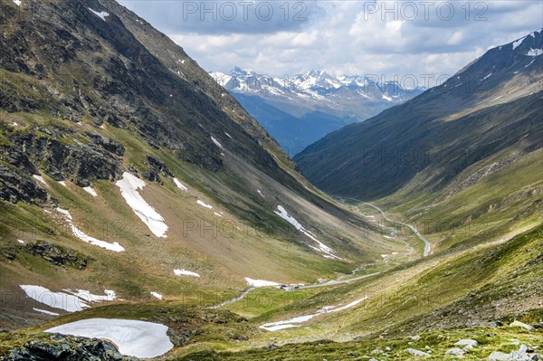 View of north ramp from ascent pass road Alpine road to 2509 metre high Timmelsjoch Passo Rombo