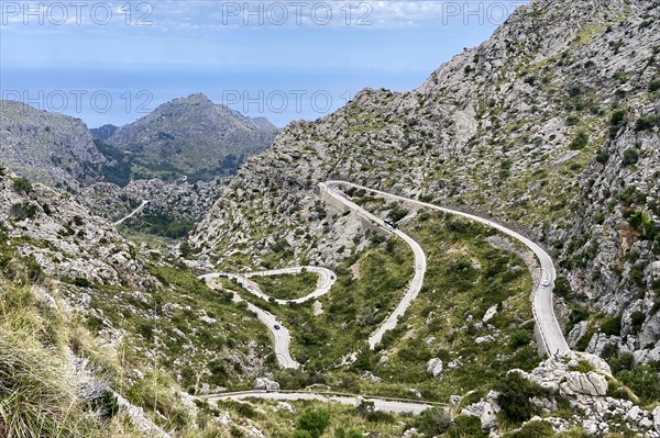 The winding road from Sa Calobra to Coll dels Reis in the Tramuntana Mountains