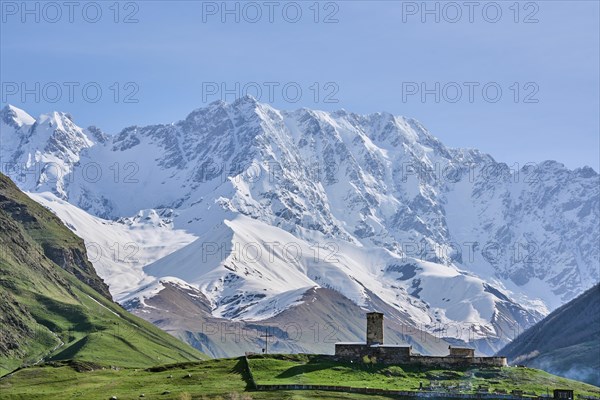 Lamaria Church against a mountain backdrop