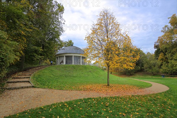 View of historic carousel with dome in Wilhelmsbad State Park