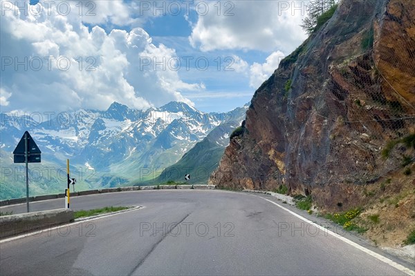 View of hairpin bend from mountain road in the Alps in South Tyrol