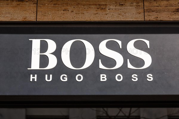 Hugo Boss brand shop with logo retail on Koenigstrasse in Stuttgart