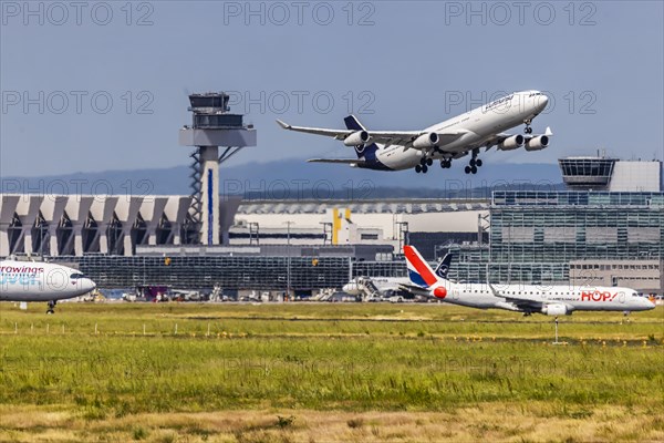 Taking off Airbus A340-300 of the airline Lufthansa