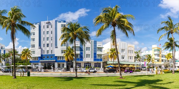 Ocean Drive with Art Deco Style Hotels Architecture Panorama in Miami Beach