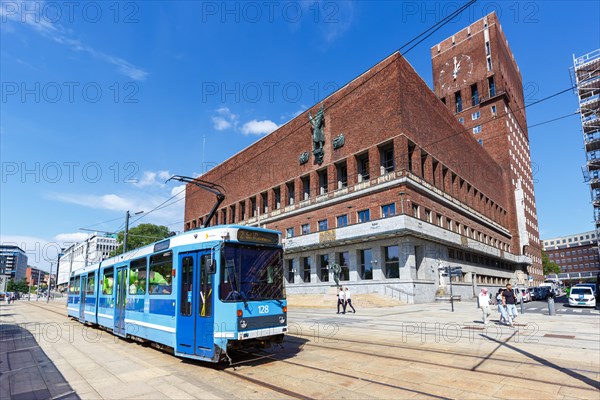 Tram Tram public transport at the city hall in Oslo