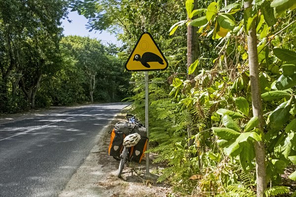 Touring bicycle and warning sign for turtles crossing the road on Basse-Terre Island