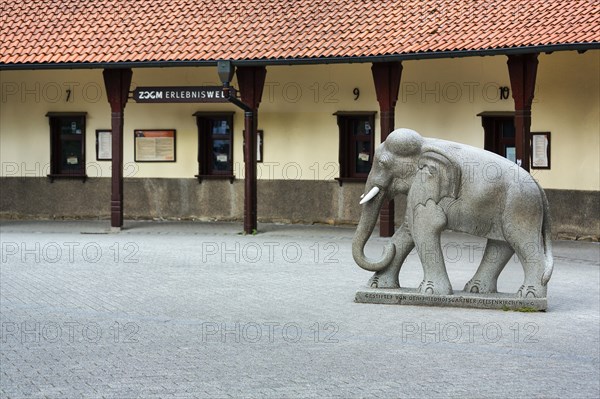 Sculpture elephant in front of the old ticket booths at the entrance