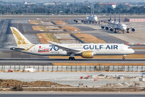 A Gulf Air Boeing 787-9 Dreamliner aircraft with registration A9C-FF at Bangkok Suvarnabhumi Airport