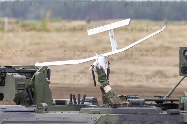 Reconnaissance drone Aladin on a Fennek reconnaissance vehicle during exercise GRIFFIN STORM in Pabrade. Pabrade