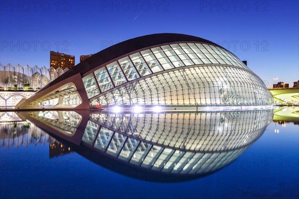 Ciutat de les Arts i les Ciencies with Hemisferic building modern architecture by Santiago Calatrava at night in Valencia