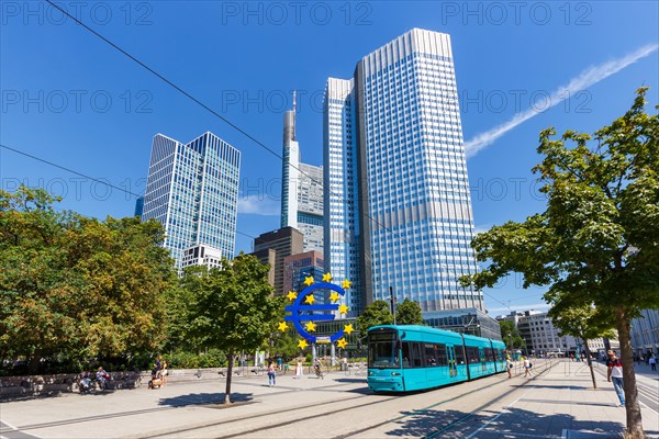 Skyline with tram at Willy-Brandt-Platz OePNV public transport Transport in Frankfurt