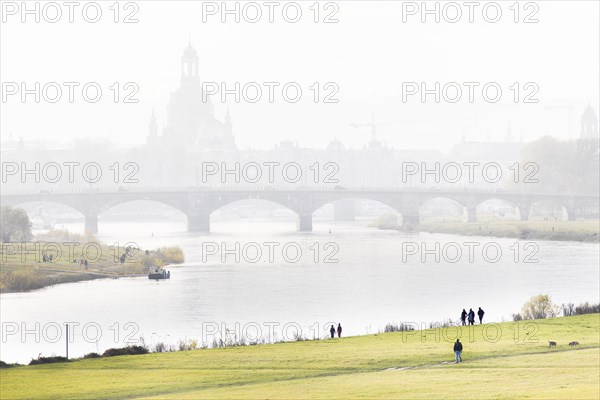People on the Elbe meadows against the backdrop of Dresden's old town