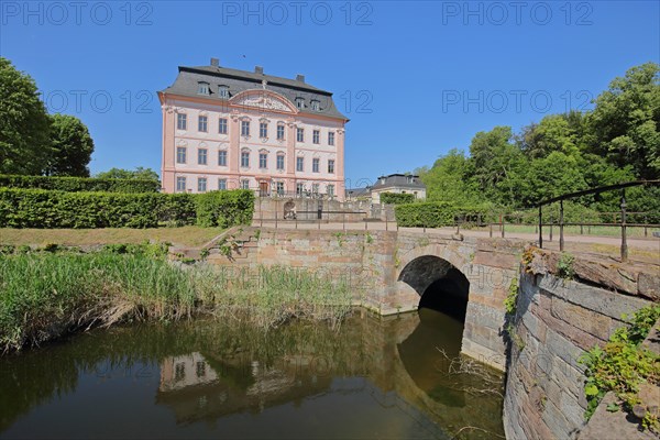 Baroque castle with arched bridge and reflection