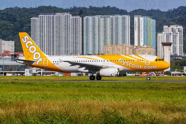 A Scoot Airbus A320 aircraft with registration number 9V-TAZ at Penang Airport
