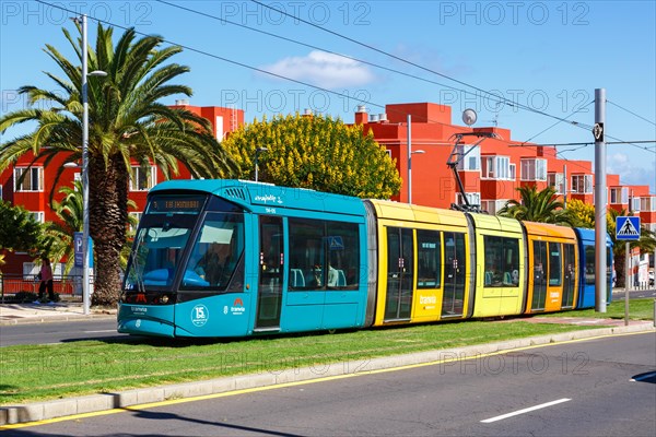 Modern tramway Alstom Citadis 302 line L1 at the Museo de la Ciencia stop Public transport Tenerife