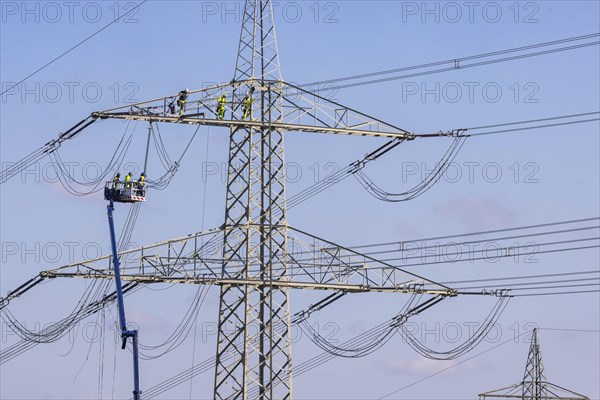 High-voltage pylon with fitters with cherry picker