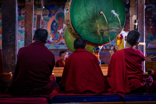 Young monks with a drum at Thikse Monastery