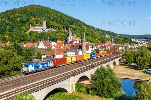 Goods train with container cargo train from boxXpress in Gemuenden am Main