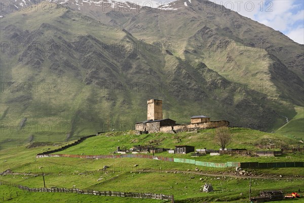 Lamaria Church against a mountain backdrop
