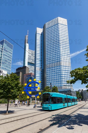 Skyline with tram at Willy-Brandt-Platz OePNV public transport Transport in Frankfurt
