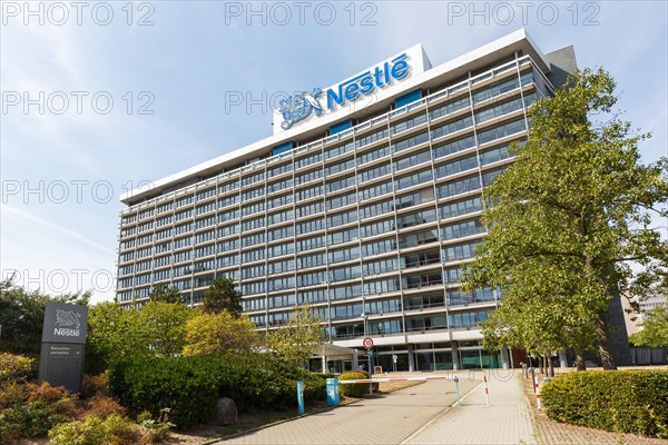 German headquarters of the food company Nestle with logo in Frankfurt-Niederrad