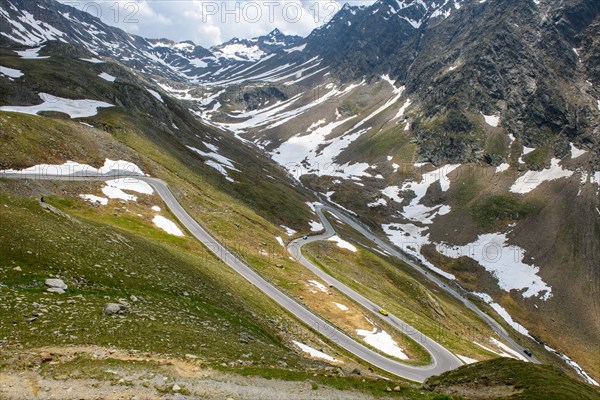 View of last section of serpentines from north ramp of ascent pass road Alpine road to 2509 metre high Timmelsjoch Passo Rombo