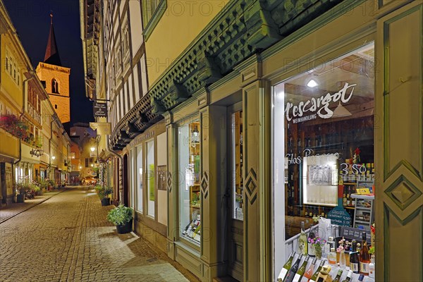 Half-timbered houses of the Kraemerbruecke with the Aegidienkirche in the evening