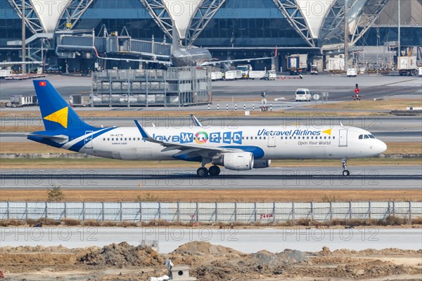 A Vietravel Airlines Airbus A321 aircraft with registration number VN-A278 and Nova World special livery at Bangkok Suvarnabhumi Airport