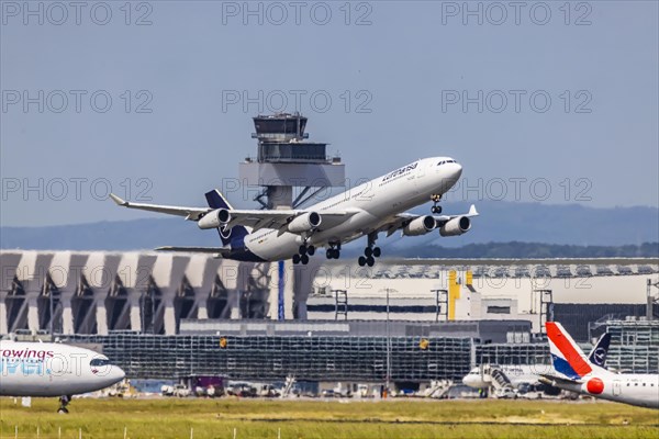 Taking off Airbus A340-300 of the airline Lufthansa