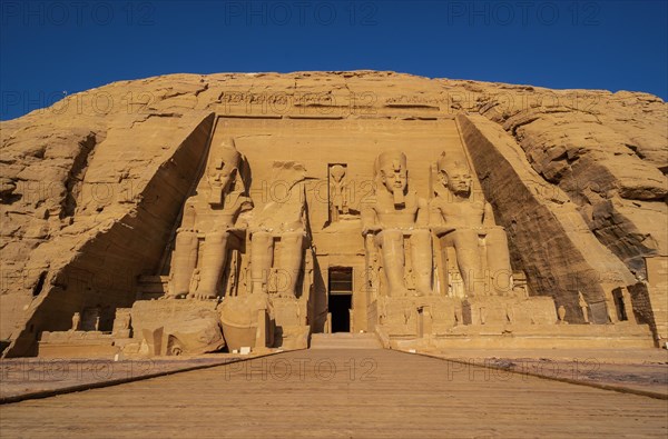 The incredible Abu Simbel Temple rebuilt on the mountain in southern Egypt in Nubia next to Lake Nasser. Temple of Pharaoh Ramses II