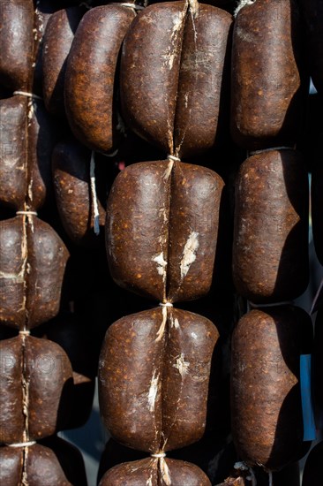 Traditional Turkish style dried sausages in view