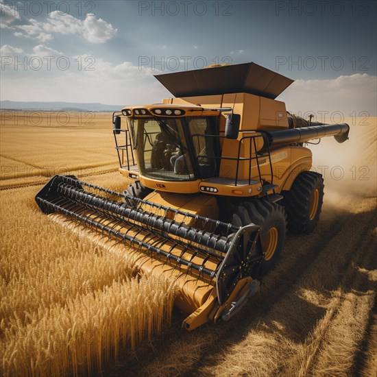 A combine harvester cuts the grain in a field