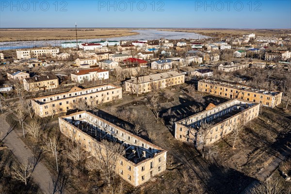 Aerial of collapsed buildings in Kurchatov