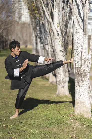 Young man practicing Kung Fu in the park