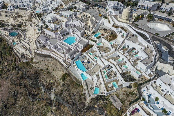 Aerials of the pools of a luxury hotel in Santorini
