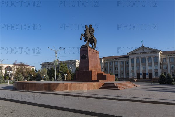 Taraz Akimat City Hall with Statue of Baydibek Batyr Riding a Horse