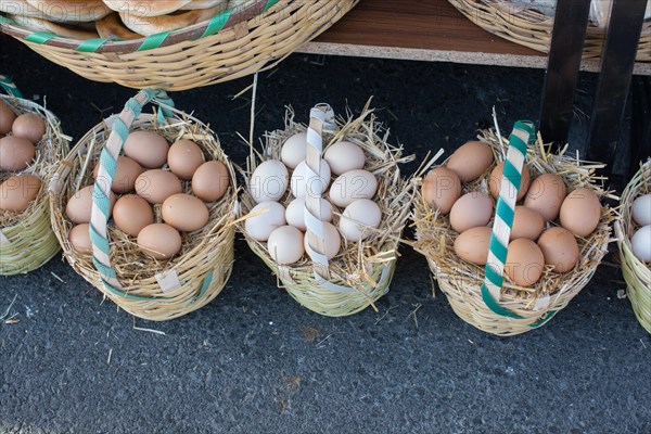 Organic fresh farm eggs in the straw basket