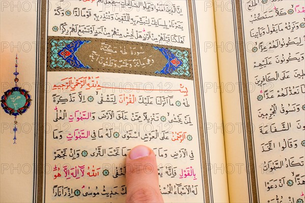 Hand holding The Holy Quran on a white background