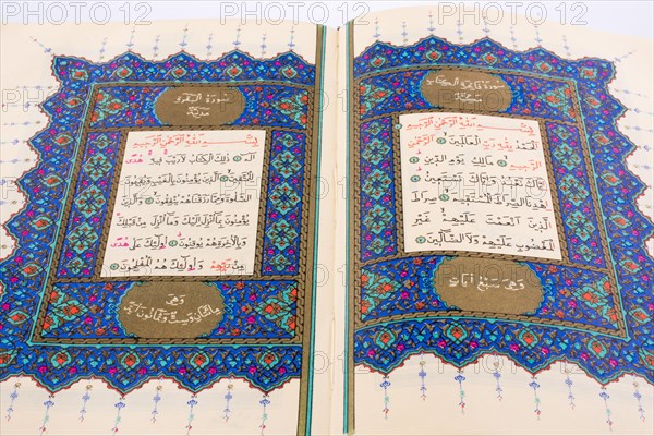 Hand holding The Holy Quran on a white background