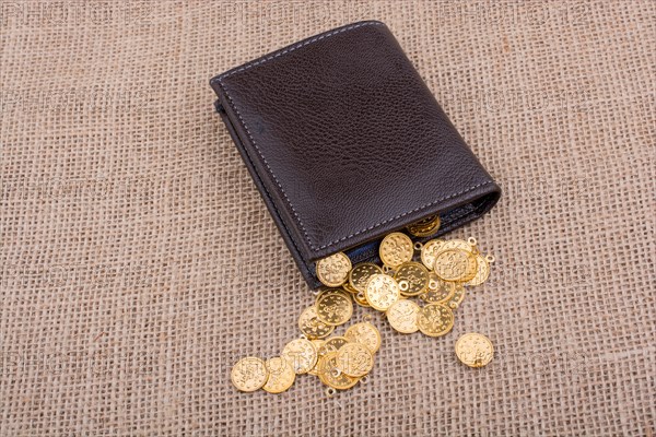 Wallet and plenty of fake gold coins on canvas
