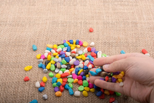 Colorful little pebbles in hand and on canvas ground