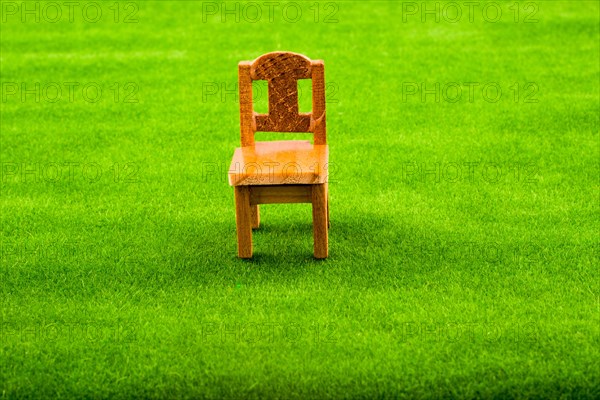 Little model wooden chair on green fake grass